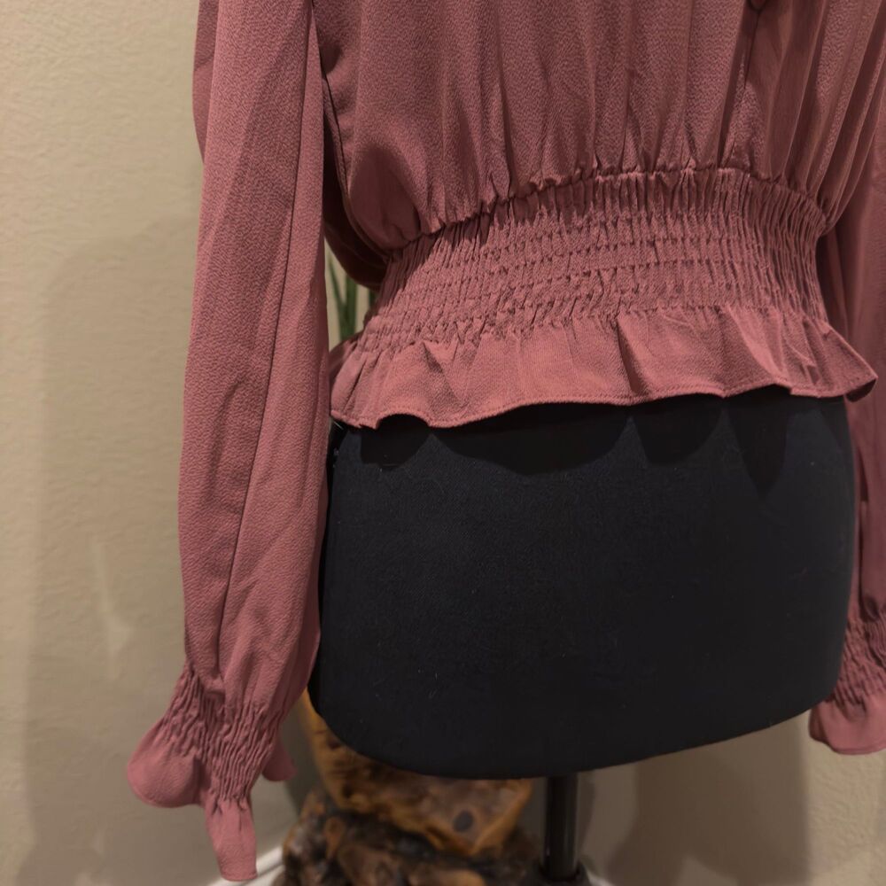 Dusty Rose Ruffle Trim Smocked Waist Long Sleeve Blouse